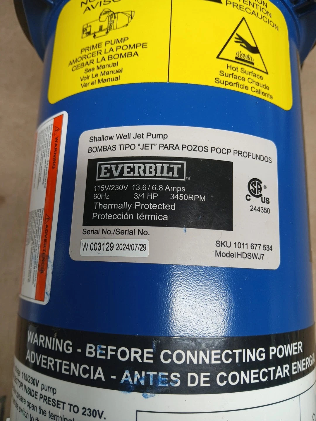 Everbilt 3/4 HP Cast Iron Shallow Well Jet Pump HDSWJ7 as is, For Parts