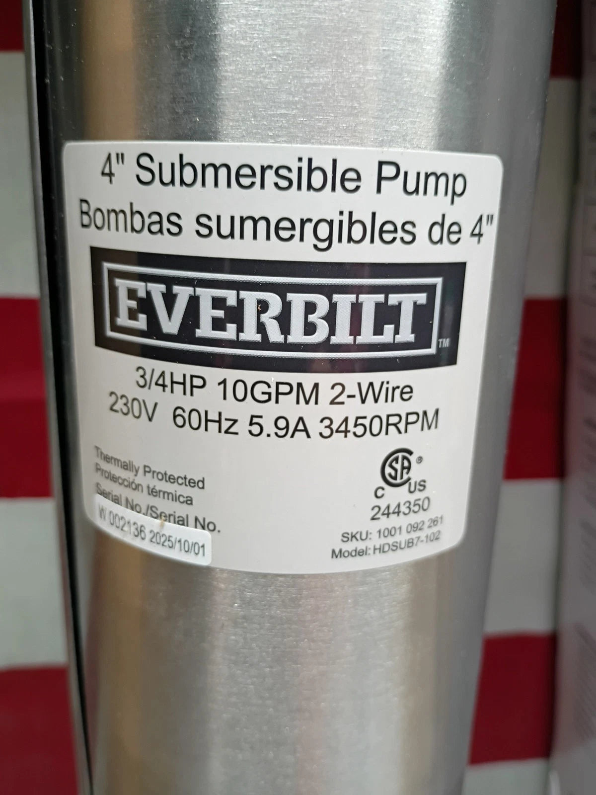 EVERBILT 3/4 HP 4" 10GPM 2 WIRE SUBMERSIBLE DEEP WELL PUMP #1001092261
