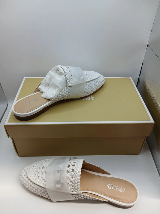 Michael Kors Charlton Woven Mule Slides Optic White Leather Loafer Size 5M