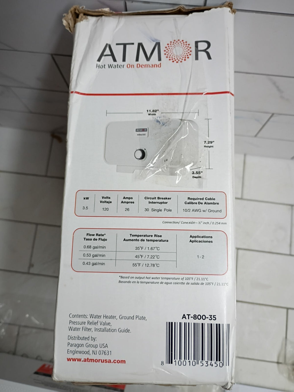 ATMOR AT-800-35: 3.5kW Single Electric Tankless Water Heater 120V 0.5GPM OB