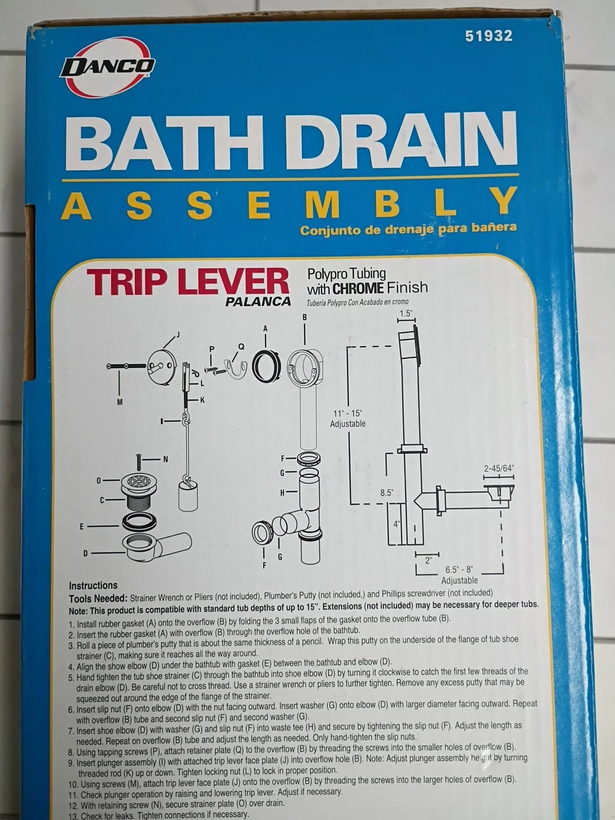 Danco Trip Lever Tub Drain Kit Chrome 13"H x 6.25"W x 3.13"D 51932 New Open Box