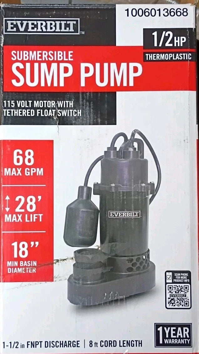 Everbilt 1/2 HP Corrosion Resistant Aluminum Sump Pump w/ Teather Float Switch