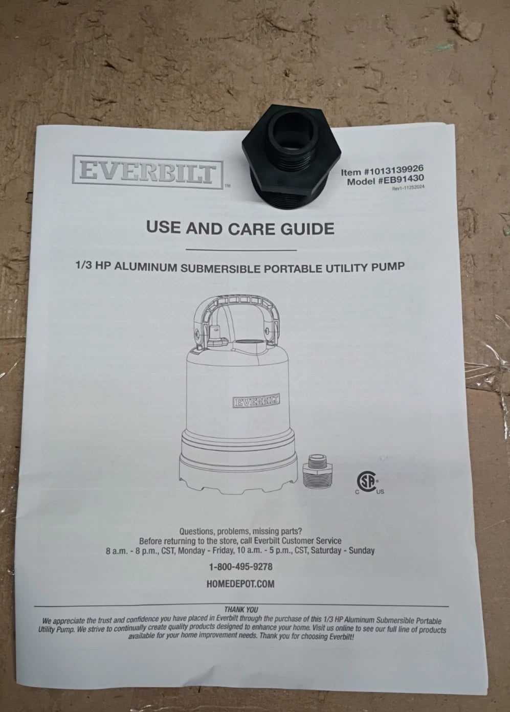 Everbilt EB91430 1/3 HP Submersible Aluminum Utility Pump, Open Box,