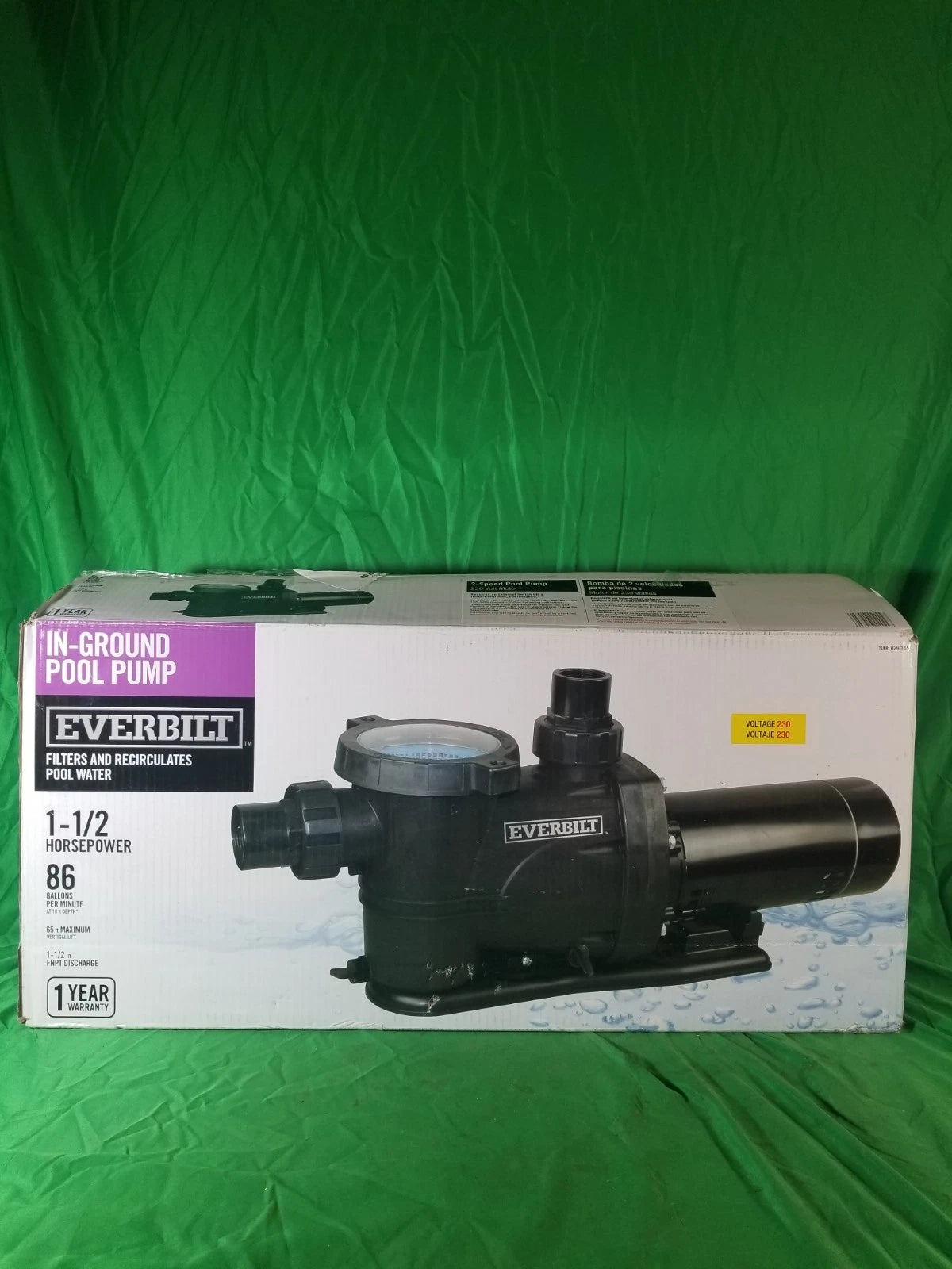 Everbilt Pool Pump Fan-Cooled Motor 1.5 HP 230V Has Unions.