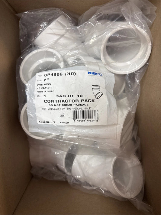 (10-Pk) 2” Nibco 45° Elbow Pipe Fitting PVC White Schedule 40 2in CP4806