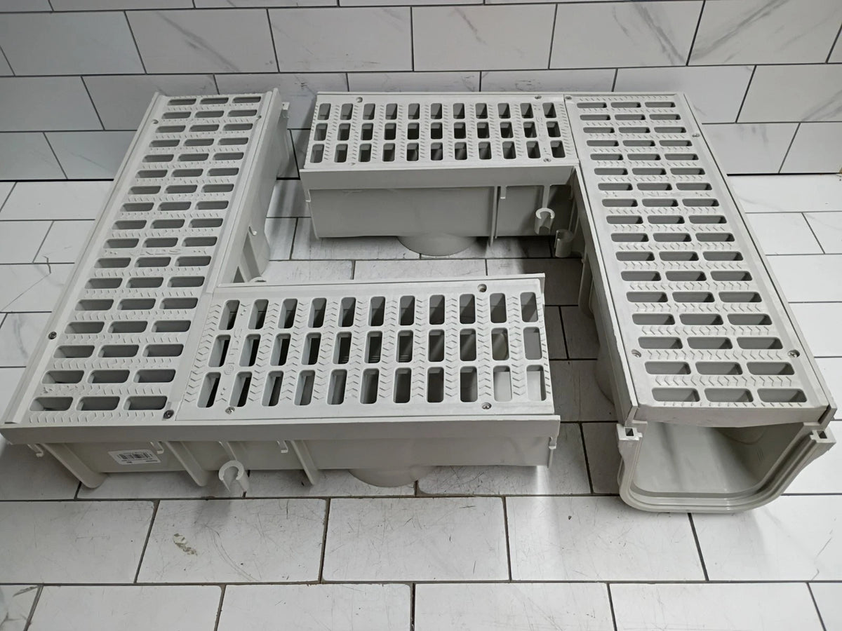 (2pk) NDS 861 5 In Series Channel Drain 90 Elbow & Grate Deep Profile Light Gray