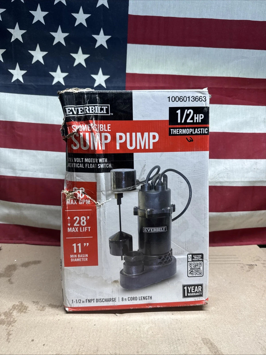 Everbilt HDSP50V 1/2 HP Submersible Sump Pump Thermoplastic Vertical., Open Box.