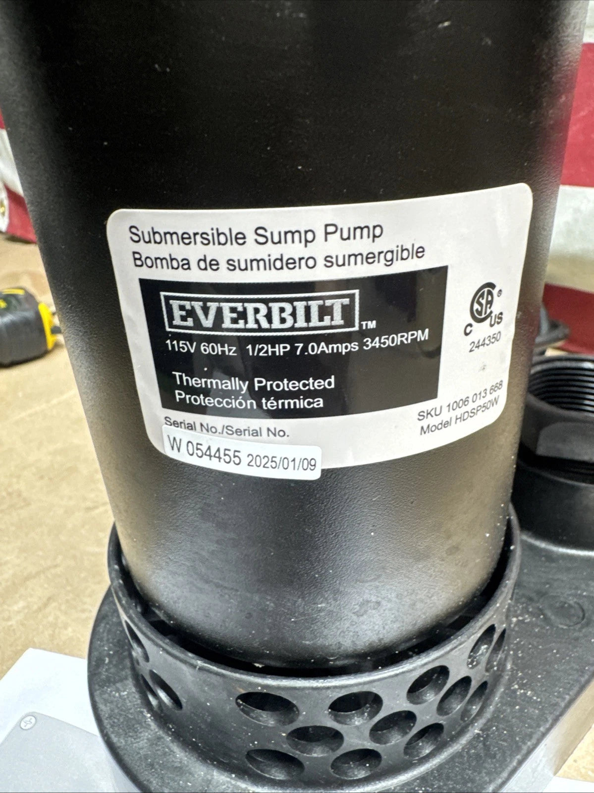 Everbilt HDSP50W 1/2 HP Submersible Aluminum Sump Pump with Tethered Switch OB