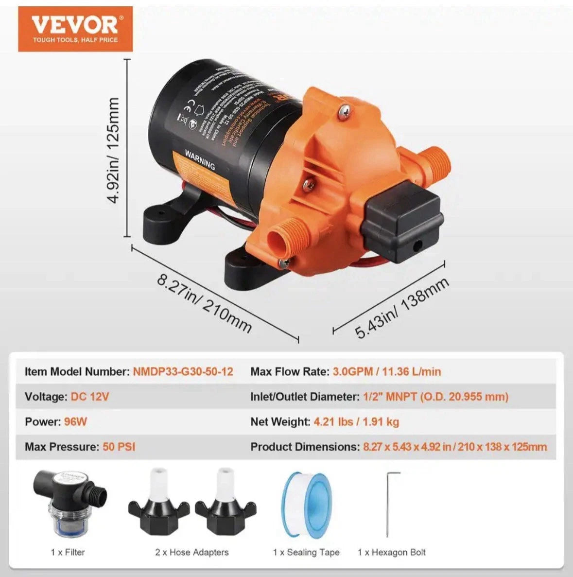 VEVOR 12V Diaphragm Pump 3GPM 11.36 L/min 3-Chamber Water Pump Pressure Switch
