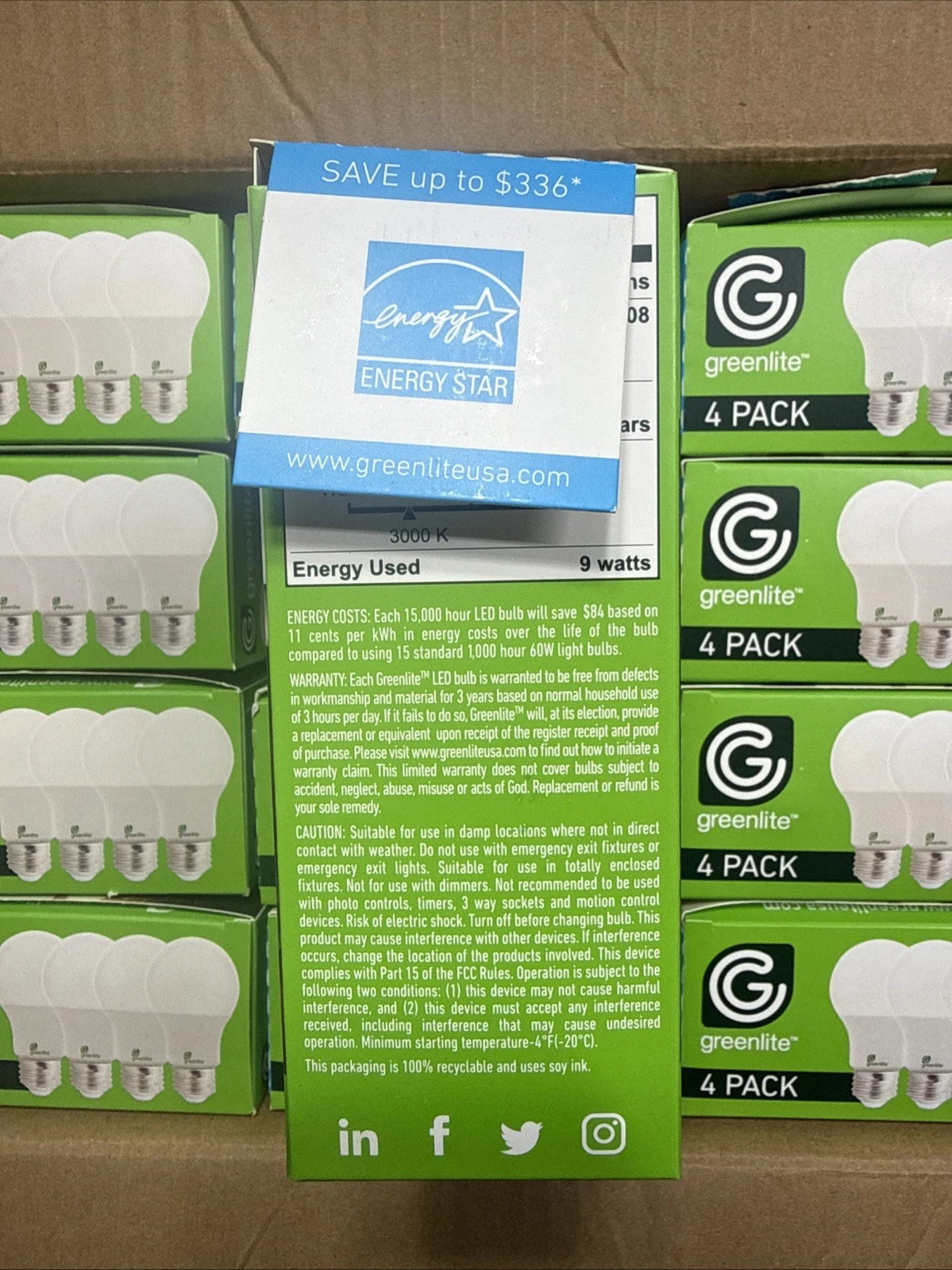 Greenlite LED 9W Light Bulb Case 24 Four Packs 60W Equivalent A19 3000K Non Dim
