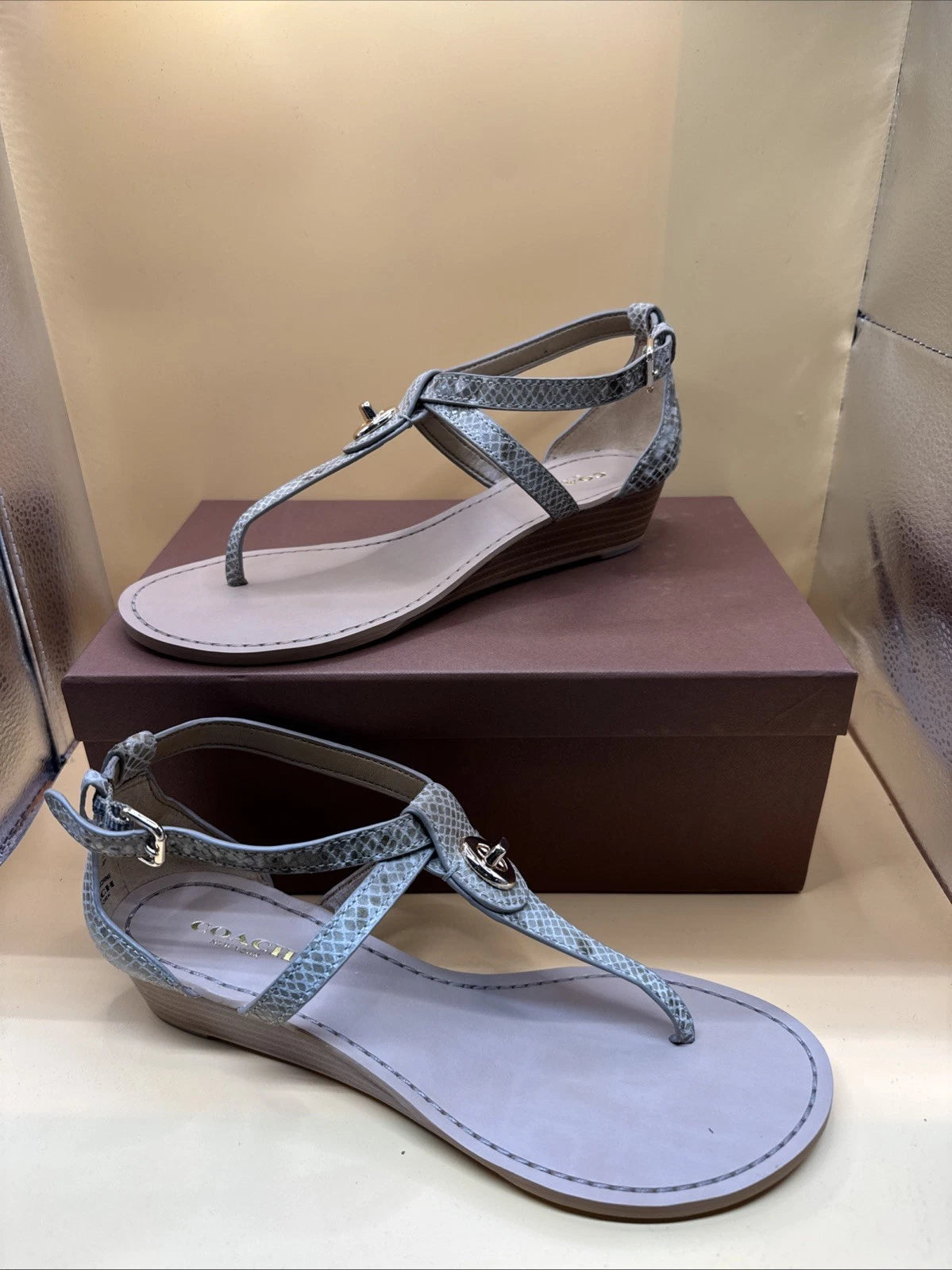 Coach New York Ingrid Natural Snake Print Sandals Size 7M Women's New With Box!