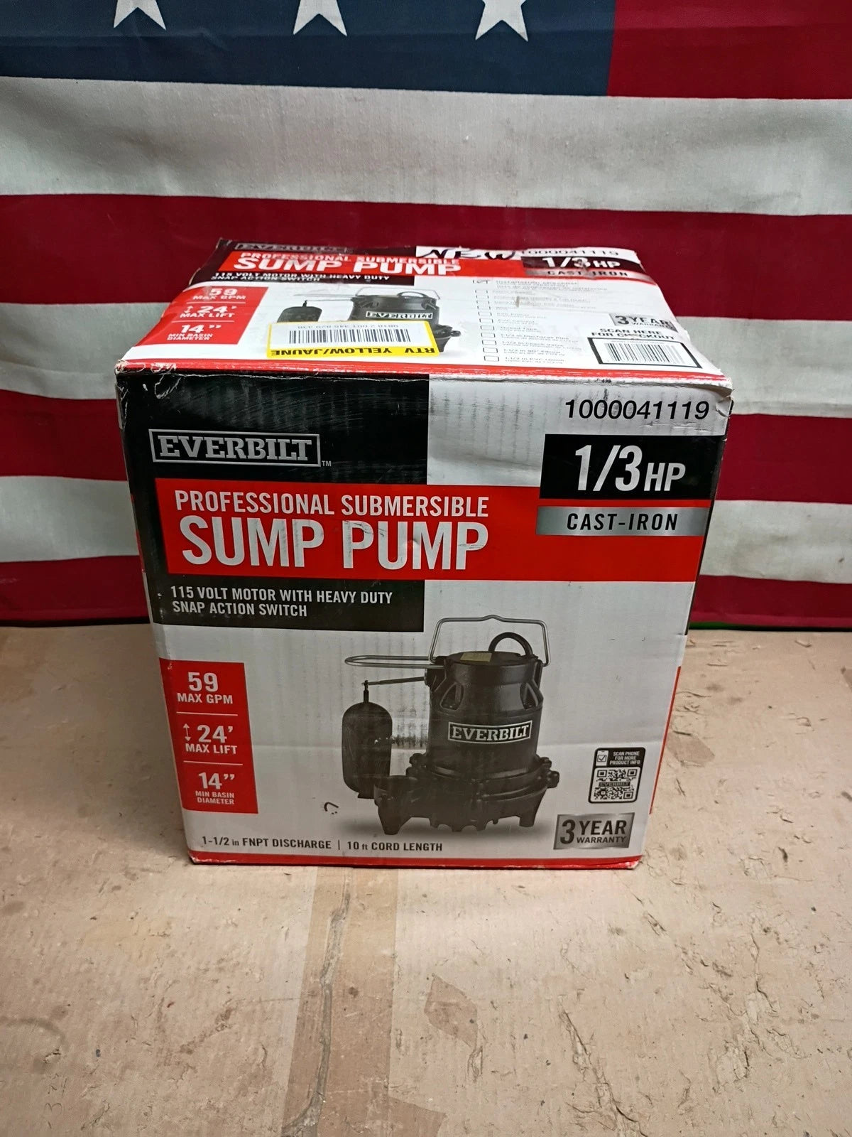 Everbilt 1000041119 1/3 HP Cast Iron Submersible Sump Pump New Open Box