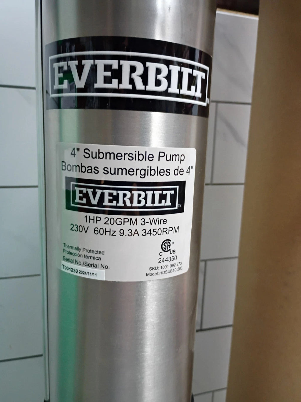 Everbilt 1HP Submersible 3-Wire 20GPM Deep Well Pump HDSUB10-203 NEW OPEN BOX