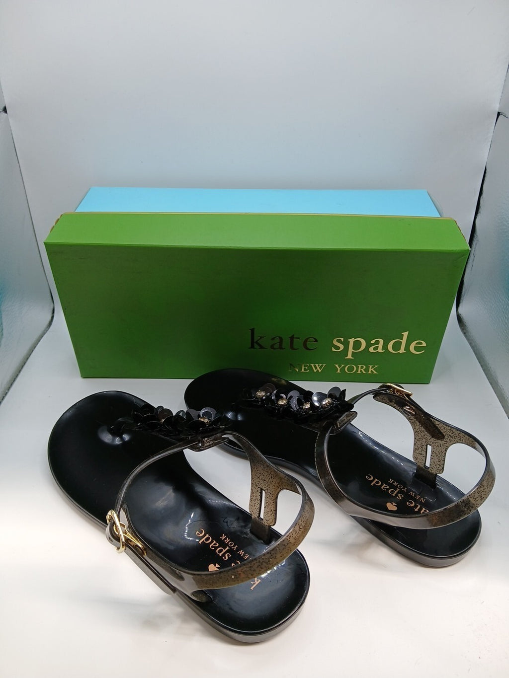 Kate Spade Black Sandals Women Size 5 Thong Style With Flower Detail