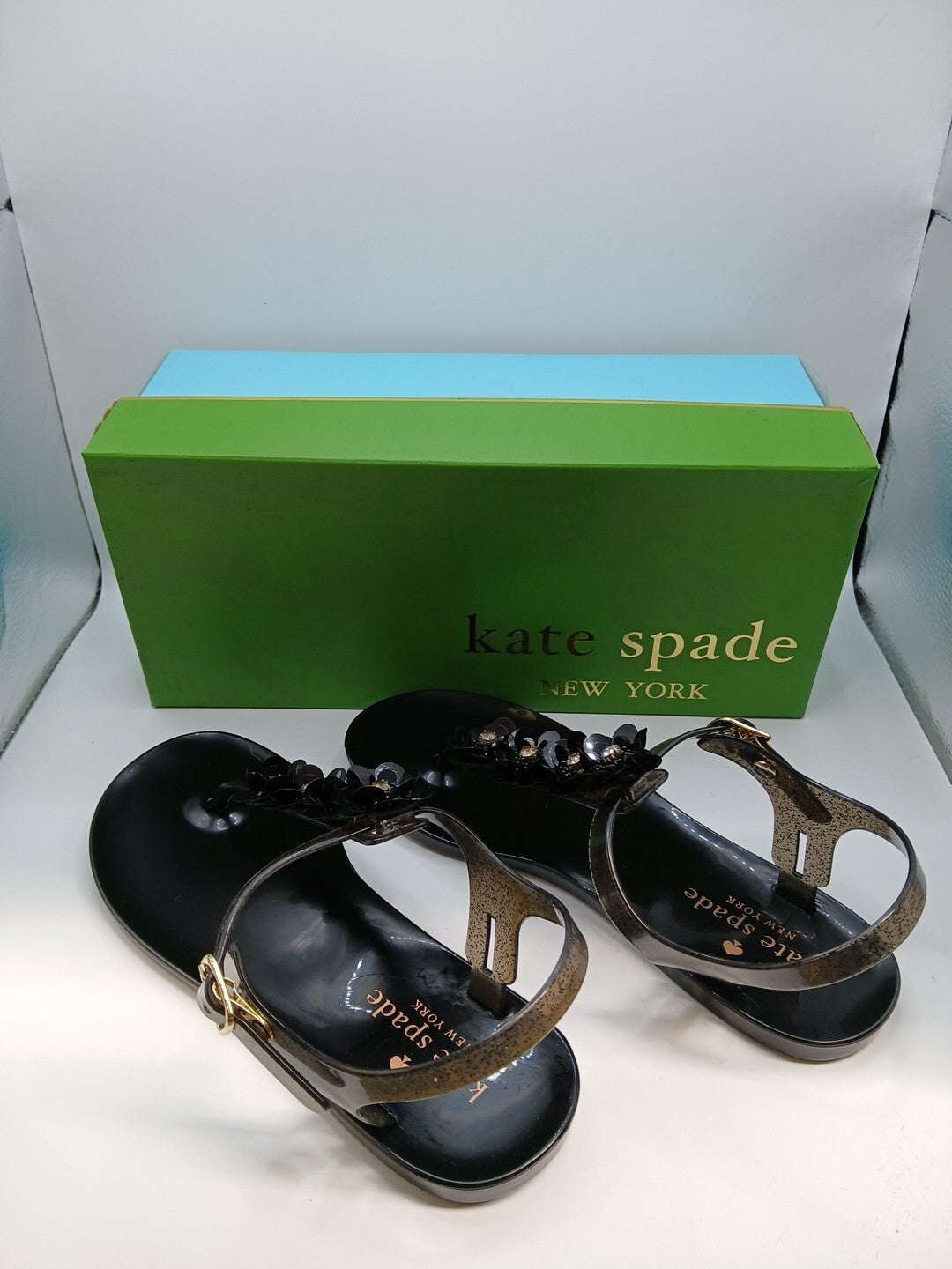 Kate Spade Black Sandals Women Size 5 Thong Style With Flower Detail