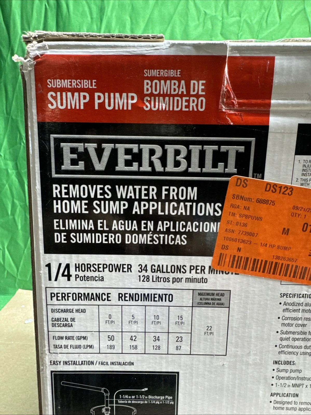 Everbilt 1/4 HP Aluminum Sump Pump w/ Tether Float Switch HDSP25W NEW OPEN BOX.