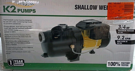 K2 Pumps Shallow Well Jet Pump 3/4 Hp Lead Free Thermoplastic 115/230V OPEN BOX