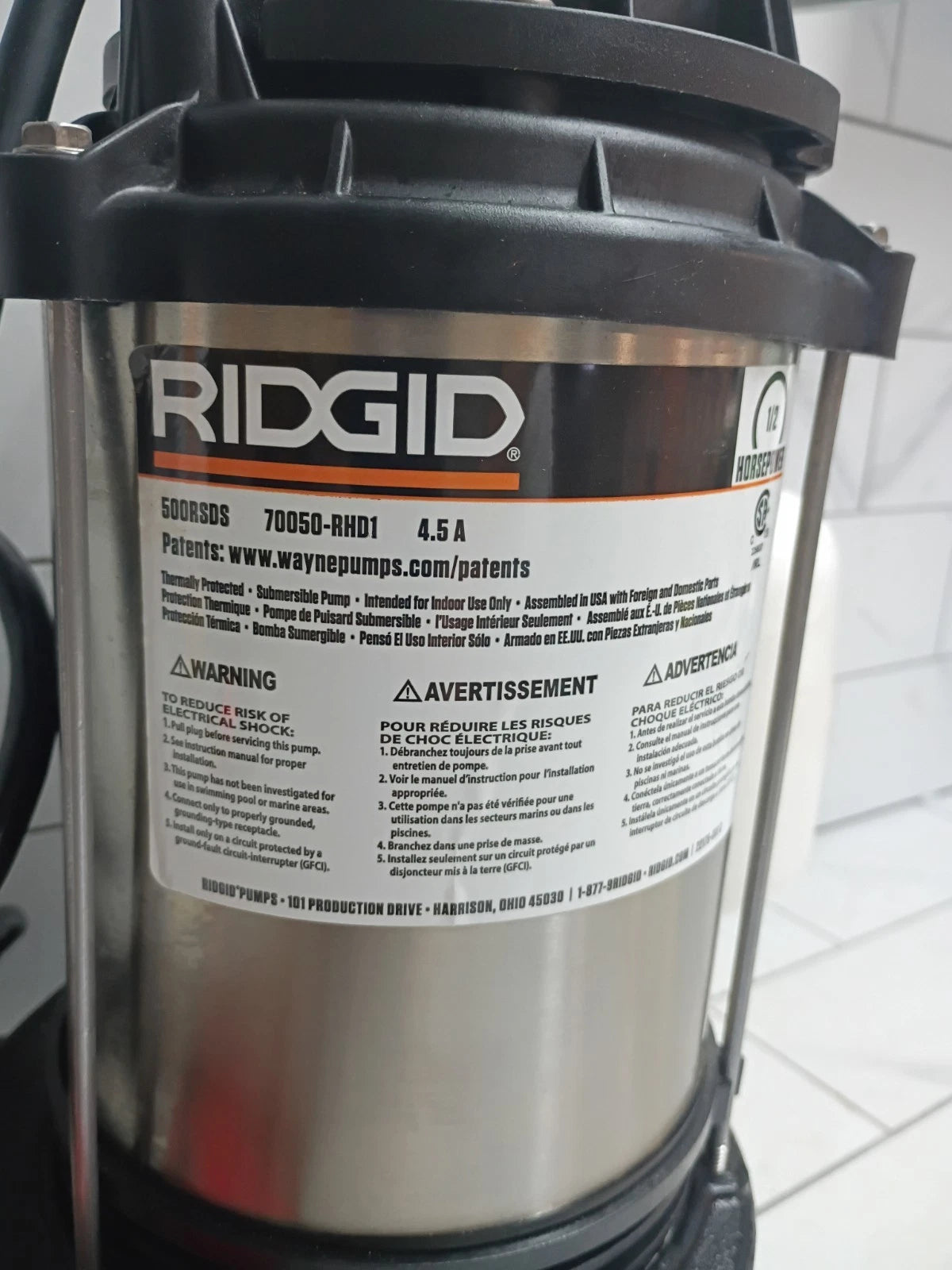 Ridgid500RSDS 1/2 HP Stainless Steel Dual Suction Sump Pump, Open Box