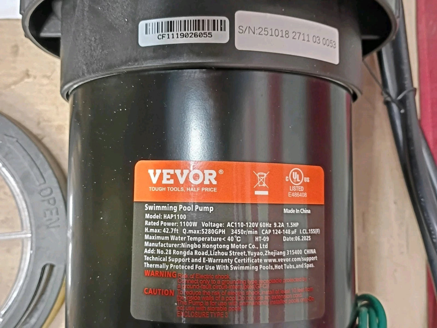 VEVOR HAP11P0, Swimming Pool Pump, 1.5 HP 115 V, 1100W Single Speed Pump, OB,