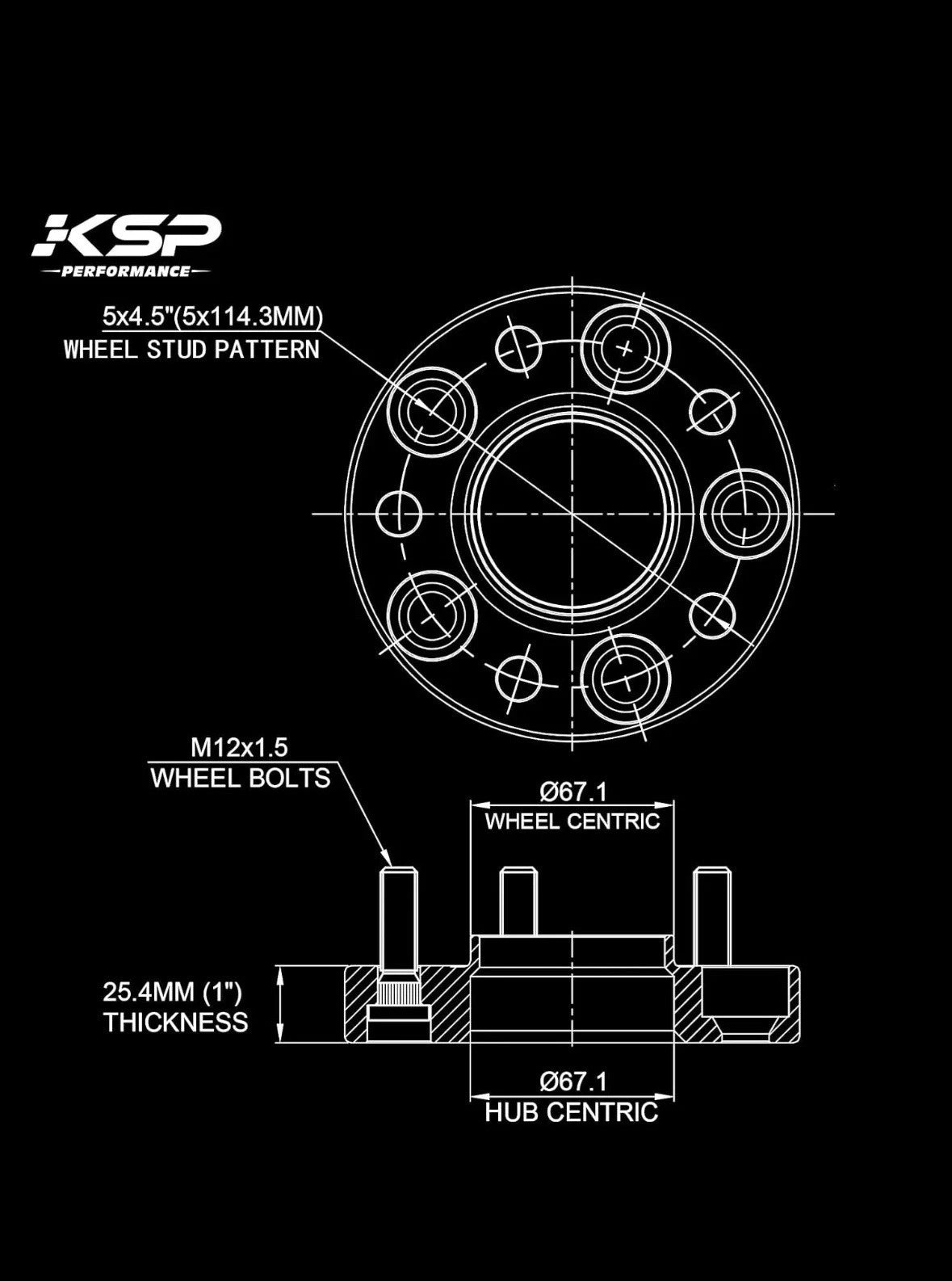 KSP 5x114.3 Wheel Spacers for Compass Fusion Escape, 1" (25mm) Hubcentric Spacer