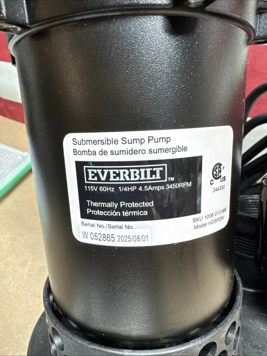 Everbilt HDSP25V 1/4 HP Aluminum Submersible Sump Pump Vertical Switch Open Box