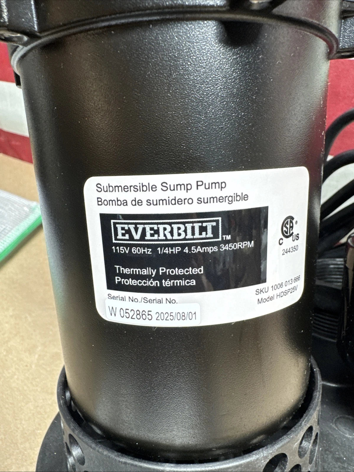 Everbilt HDSP25V 1/4 HP Aluminum Submersible Sump Pump Vertical Switch Open Box
