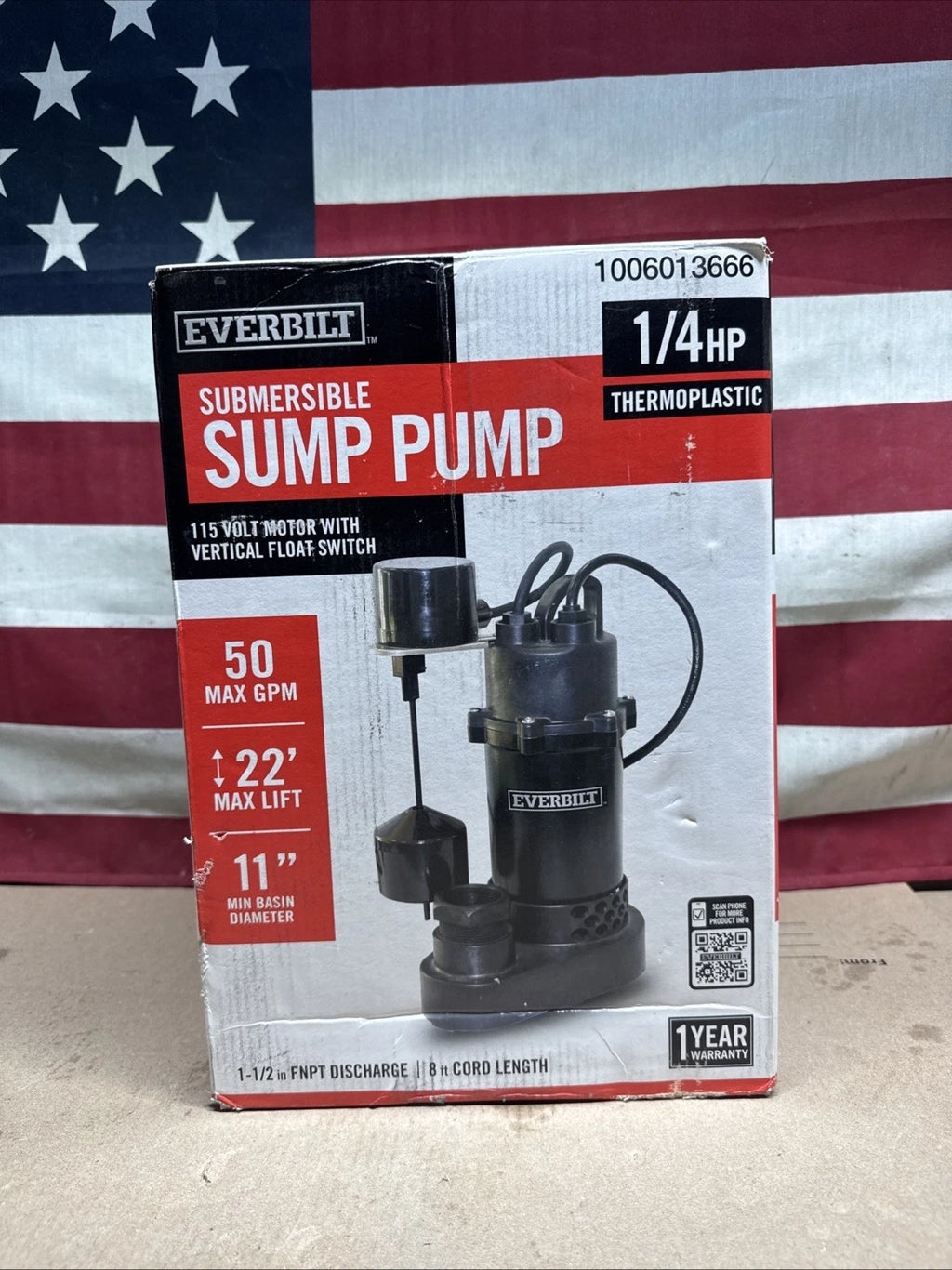 Everbilt HDSP25V 1/4 HP Aluminum Submersible Sump Pump Vertical Switch Open Box