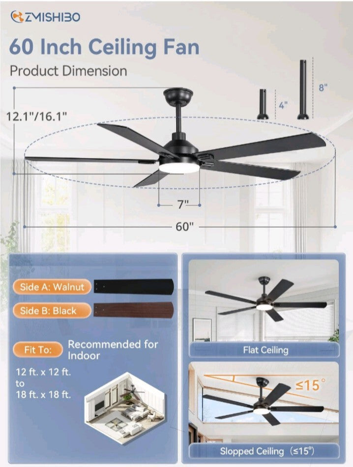 ZMISHIBO 60 Ceiling Fans with Lights Black Modern Ceiling Fan with Remote
