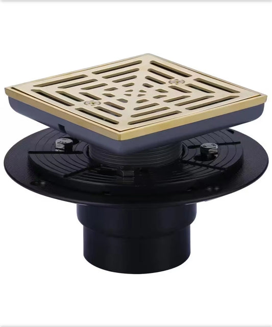 WOWOW 4.5 in. Gold Floor Drain with Square Stainless Steel Screw-Tite Strainer