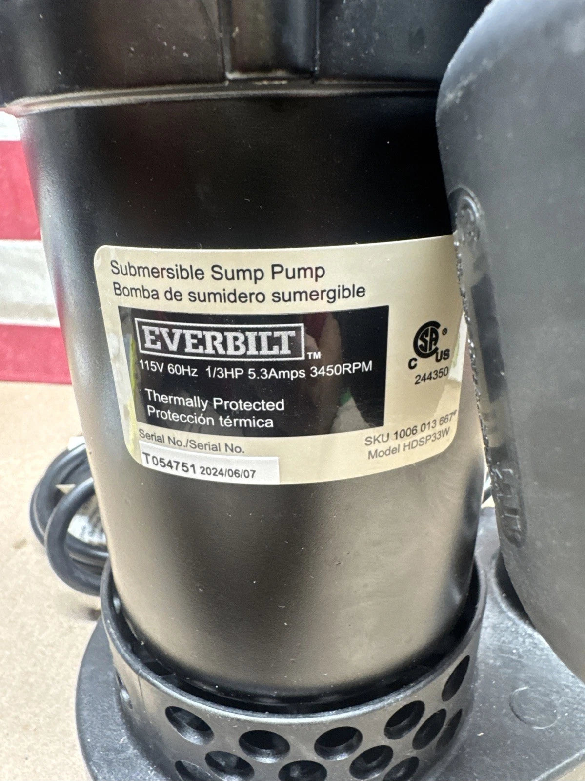 Everbilt 1/3 HP Corrosion Resistant Aluminum Sump Pump w/ Tether Switch NEW OB.