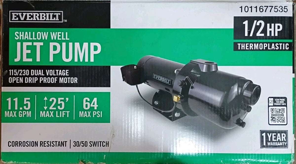 Everbilt HDSWJ5P 1/2 HP Plastic Shallow Well Jet Pump Used Read