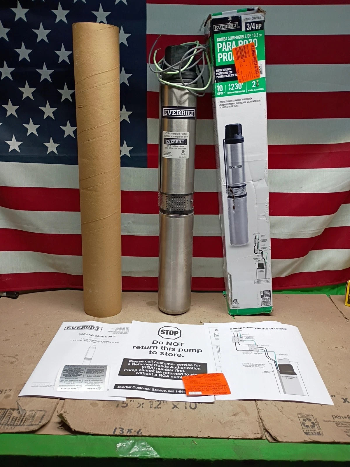 EVERBILT 3/4 HP 4" 10GPM 2 WIRE SUBMERSIBLE DEEP WELL PUMP #1001092261
