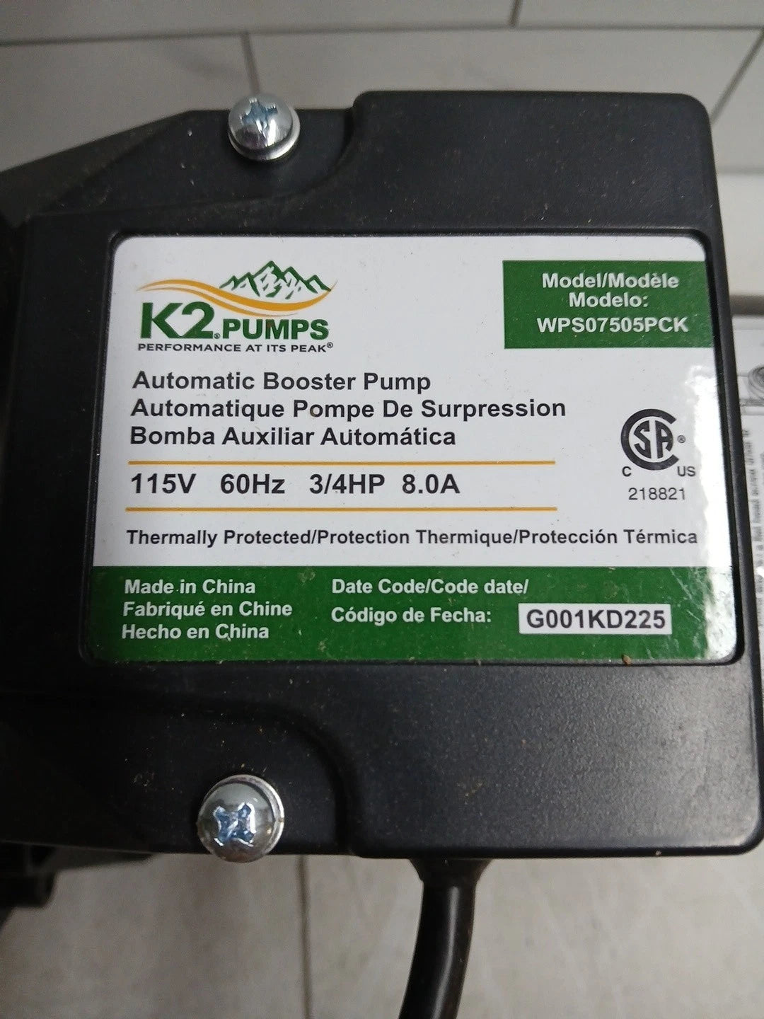 K2 Pumps Automatic Booster Pump 3/4 Hp Lead Free Stainless Steel 115V Open Box