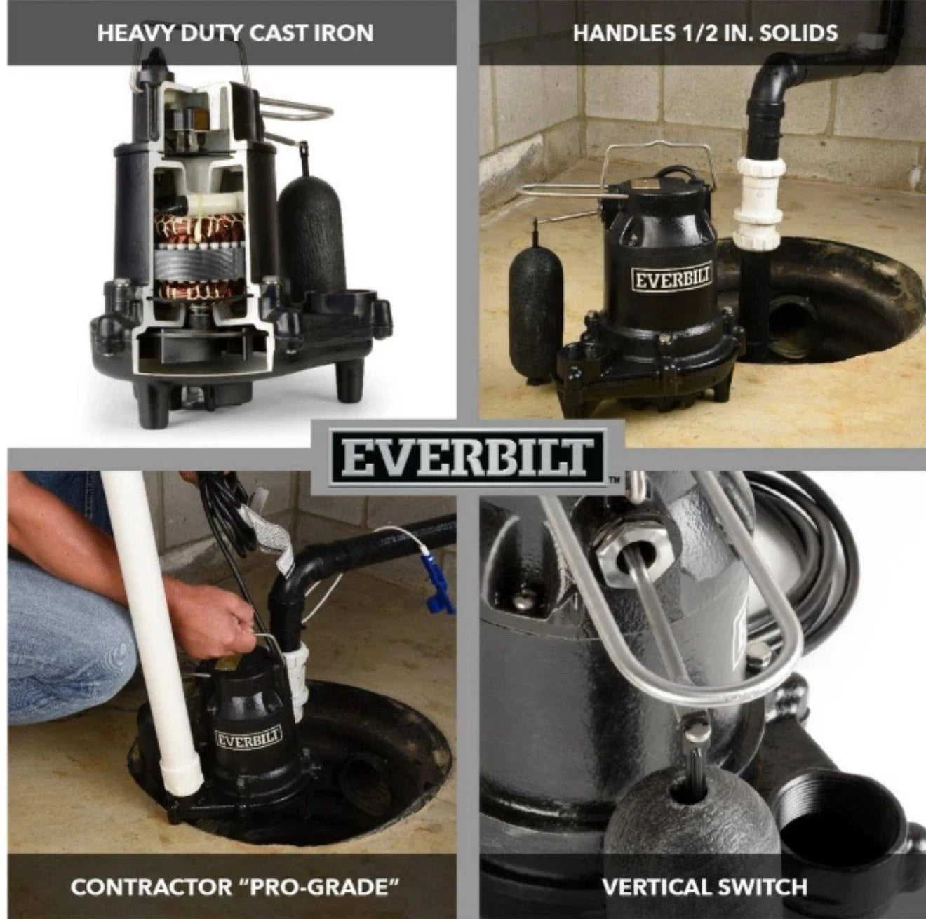 Everbilt 1/3 HP Cast Iron Submersible Sump Pump New Open Box.