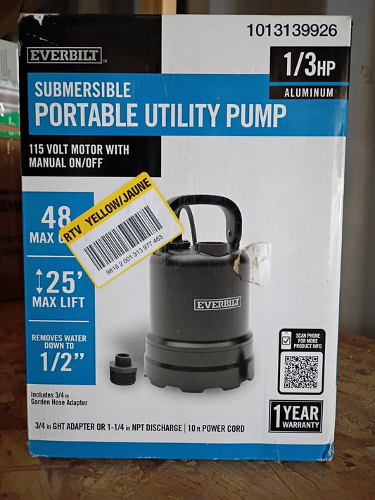 Everbilt EB91430 1/3 HP Submersible Aluminum Utility Pump, Open Box,