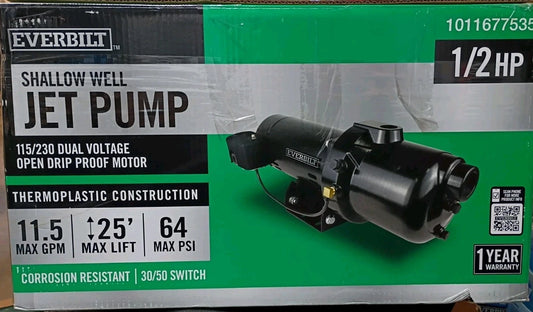 1/2 HP Everbilt Shallow Well Jet Pump Dual Voltage HDSWJ5P 25 Lift 11.5 GPM Used