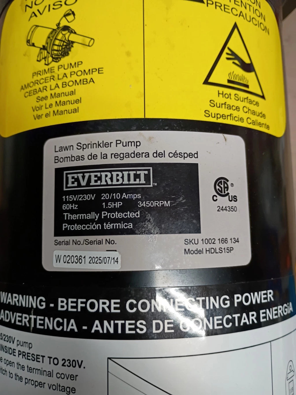Everbilt HDLS15P Lawn Irrigation Pump Plastic 1-1/2HP FOR PARTS ONLY