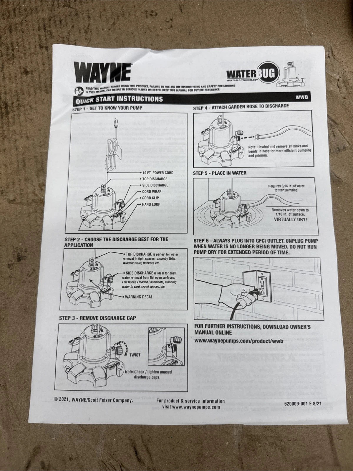 Wayne 1/6 HP WaterBUG Submersible Utility Pump with Multi-Flo Technology USED.