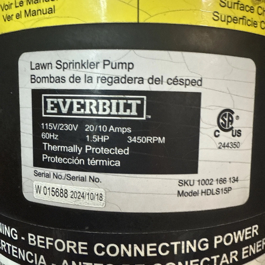 Everbilt Lawn Irrigation Pump Plastic 1.5HP HDLS15P PARTS ONLY