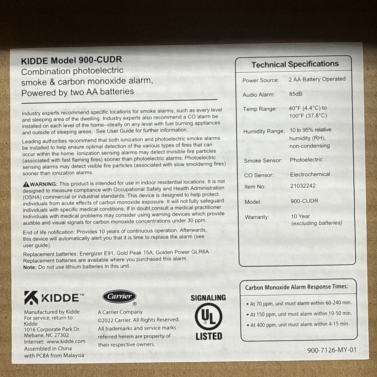 Kidde Smoke & CO Detector, AA Battery, LED, Apr 2023 (900-CUDR)