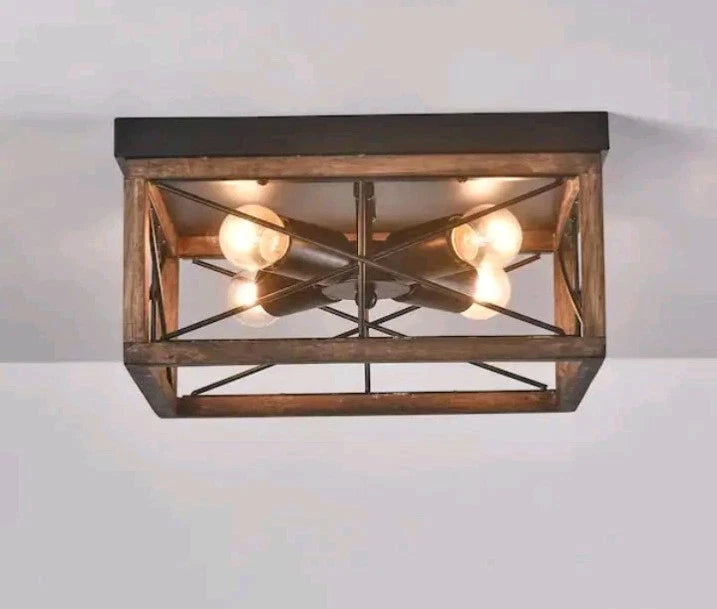Light Farmhouse Rustic Square Wooden Flush Mount Ceiling Light MB-8834BK OB