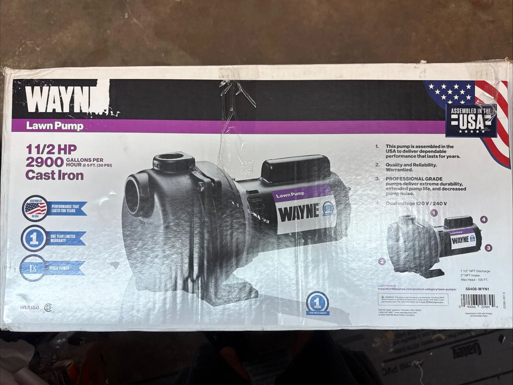 Wayne WLS150 1-1/2 HP Cast Iron Quick-Prime Lawn-irrigation Sprinkler Pump. NOB