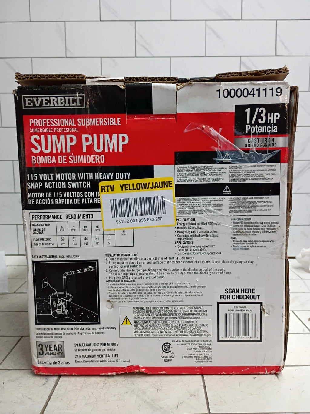 Everbilt 1/3 HP Cast Iron Submersible Sump Pump HDS30 NOB