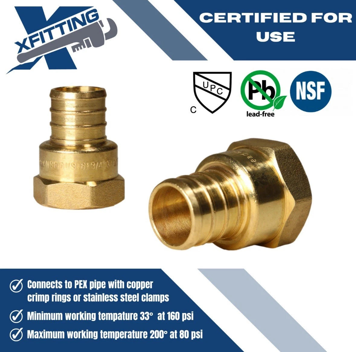 50 Pack 3/4" Pex B X 1/2" Female NPT Threaded Adapter Brass Crimp Fittings