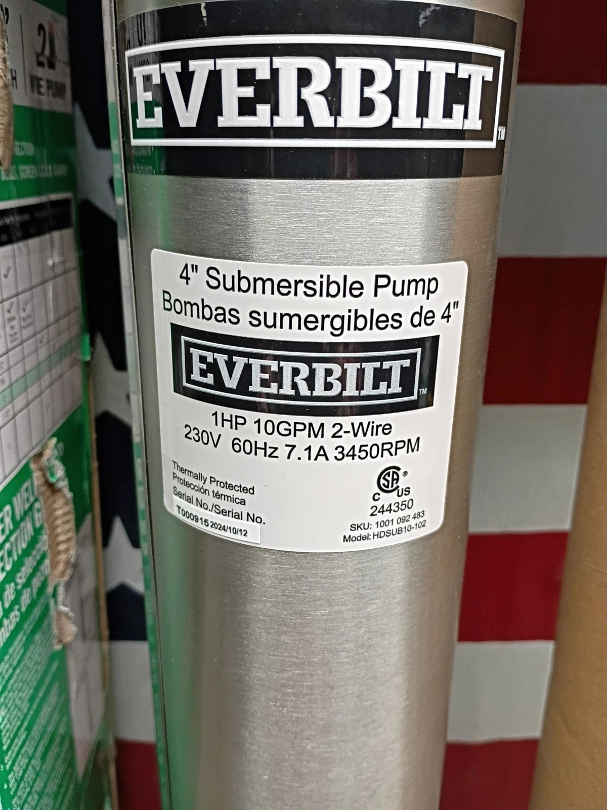 EVERBILT 1 HP HDSUB10-102 Deep Well Pump 4” Submersible 10 GPM 2 Wire 310’