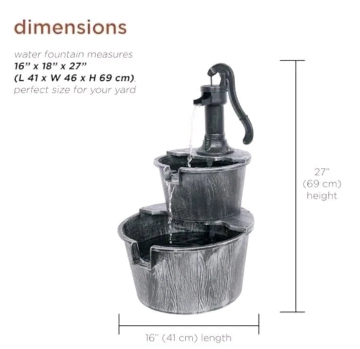 27" Rustic Outdoor 2-Tier Barrel Pump Water Fountain Soothing Cascading Water OB