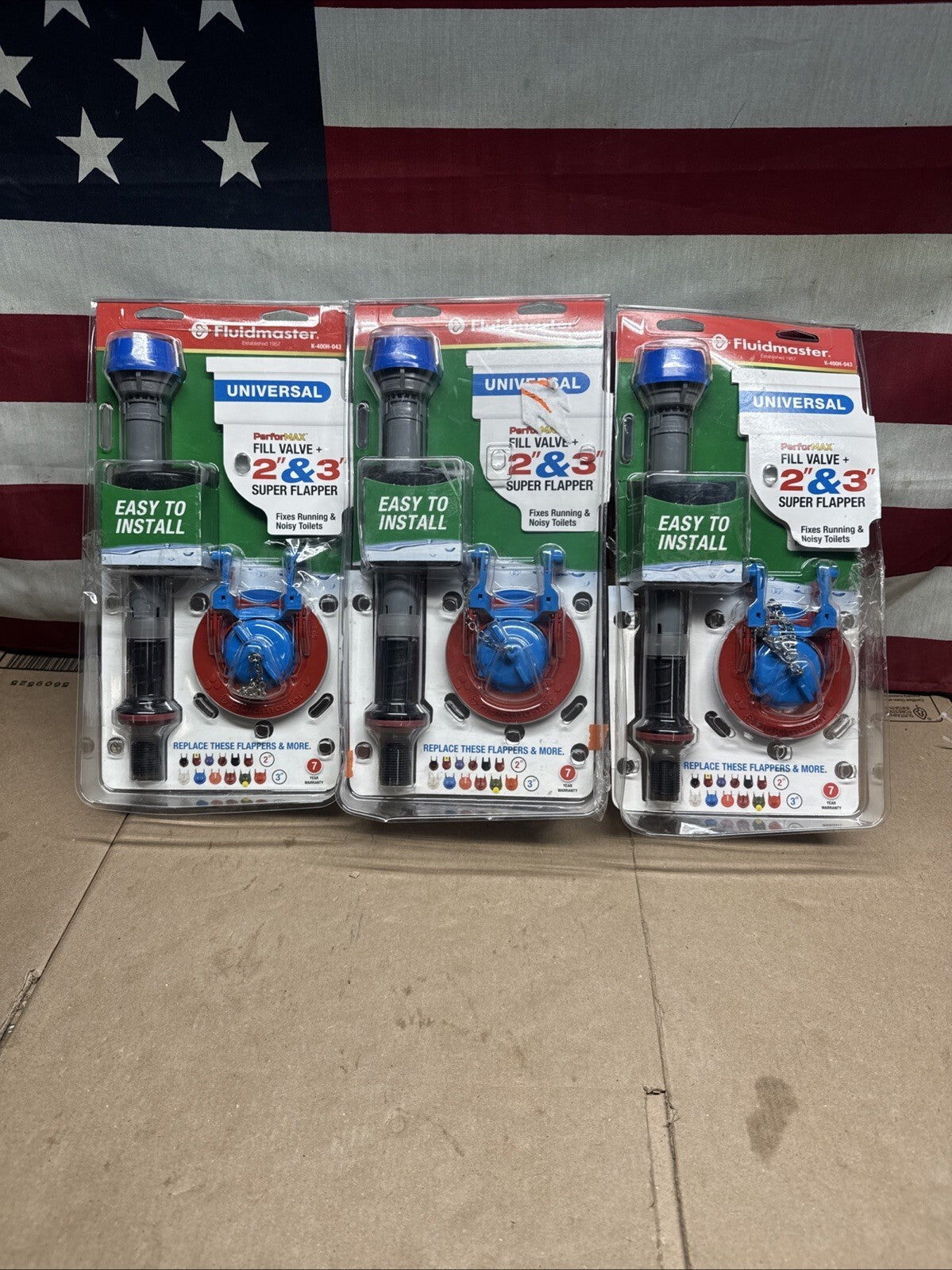 3pck Fluidmaster Fill Valve + 2” & 3” Super Flapper Kit K-400H-043 OPEN BOX