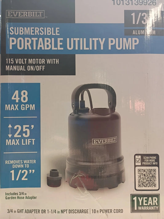 Everbilt EB91430 1/3 HP Submersible Aluminum Utility Pump, Open Box,