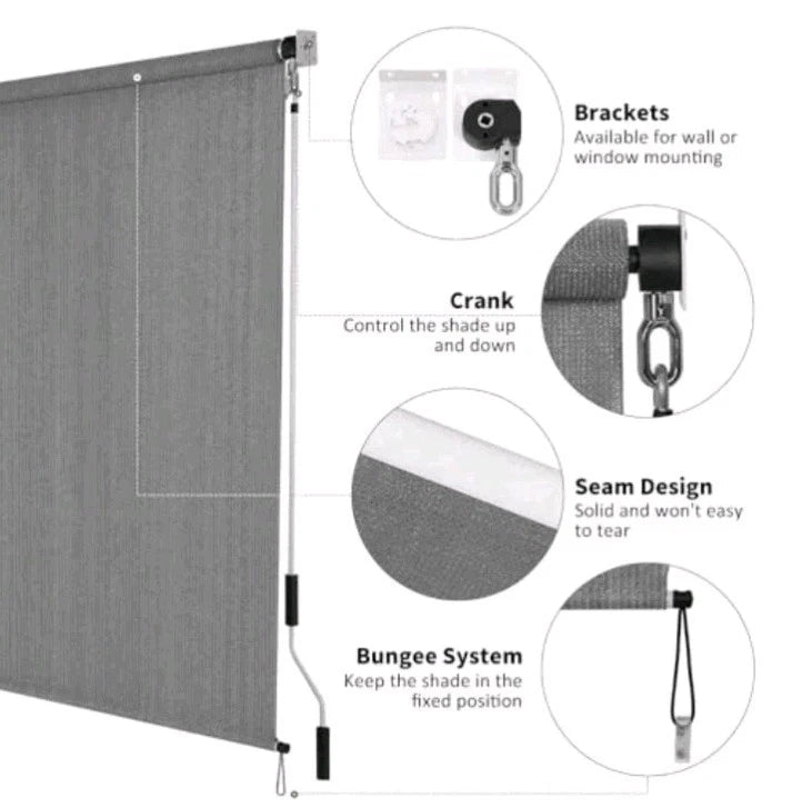 Outdoor Sunshade Roller Shade 5'W x 8'H (60" Wx96 H), 60"W x 96"H Dark Grey. OB