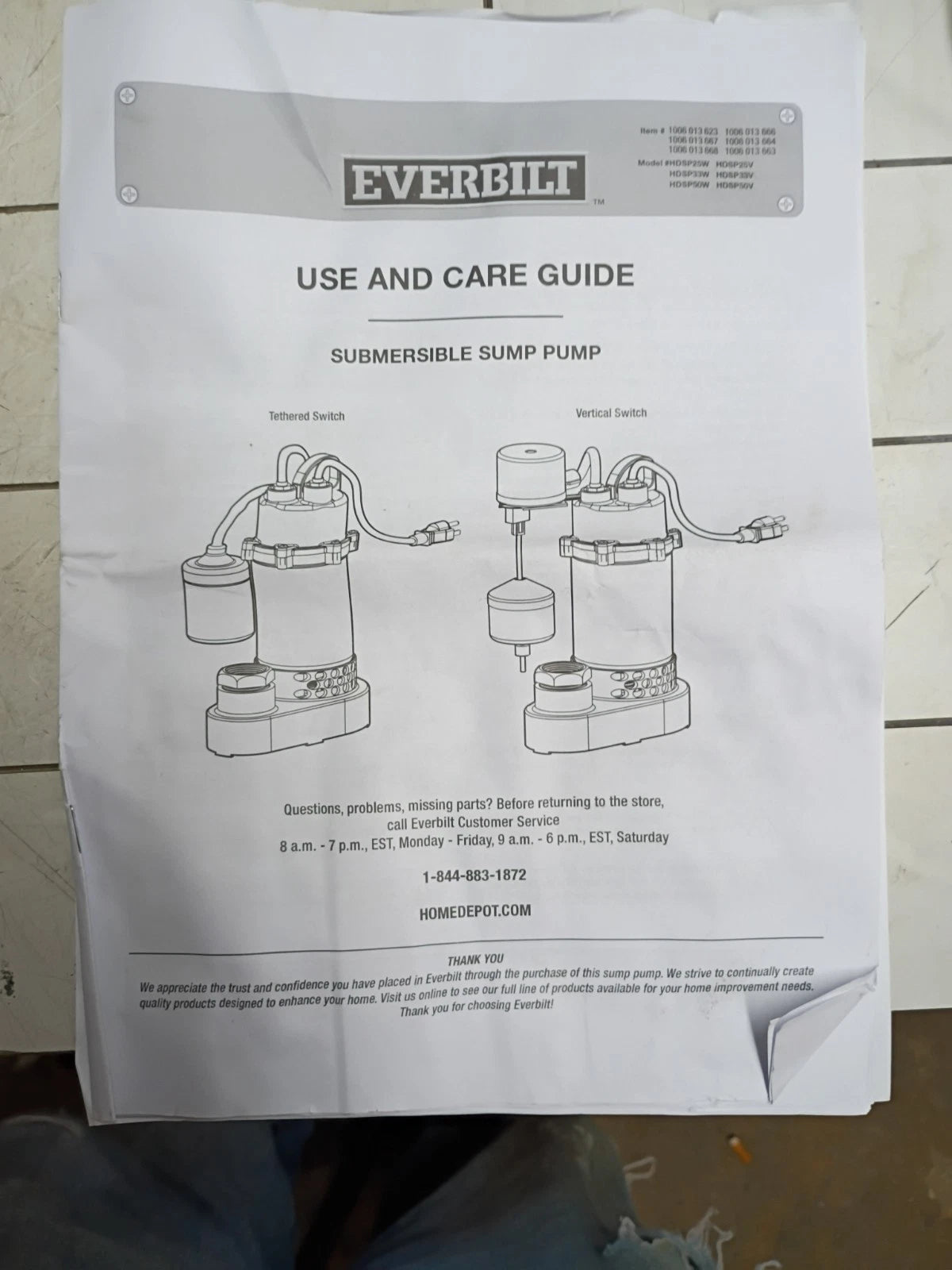 Everbilt 1/3 HP Corrosion Resistant Aluminum Sump Pump w/ Tether Switch